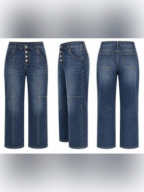 3XL Dark Wash Button Fly Stretch Jeans High Rise Front Seam Wide Leg
